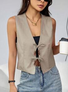 SHEIN Essnce Không tay Dây rút Áo khoác - Màu Khaki - Xem 3