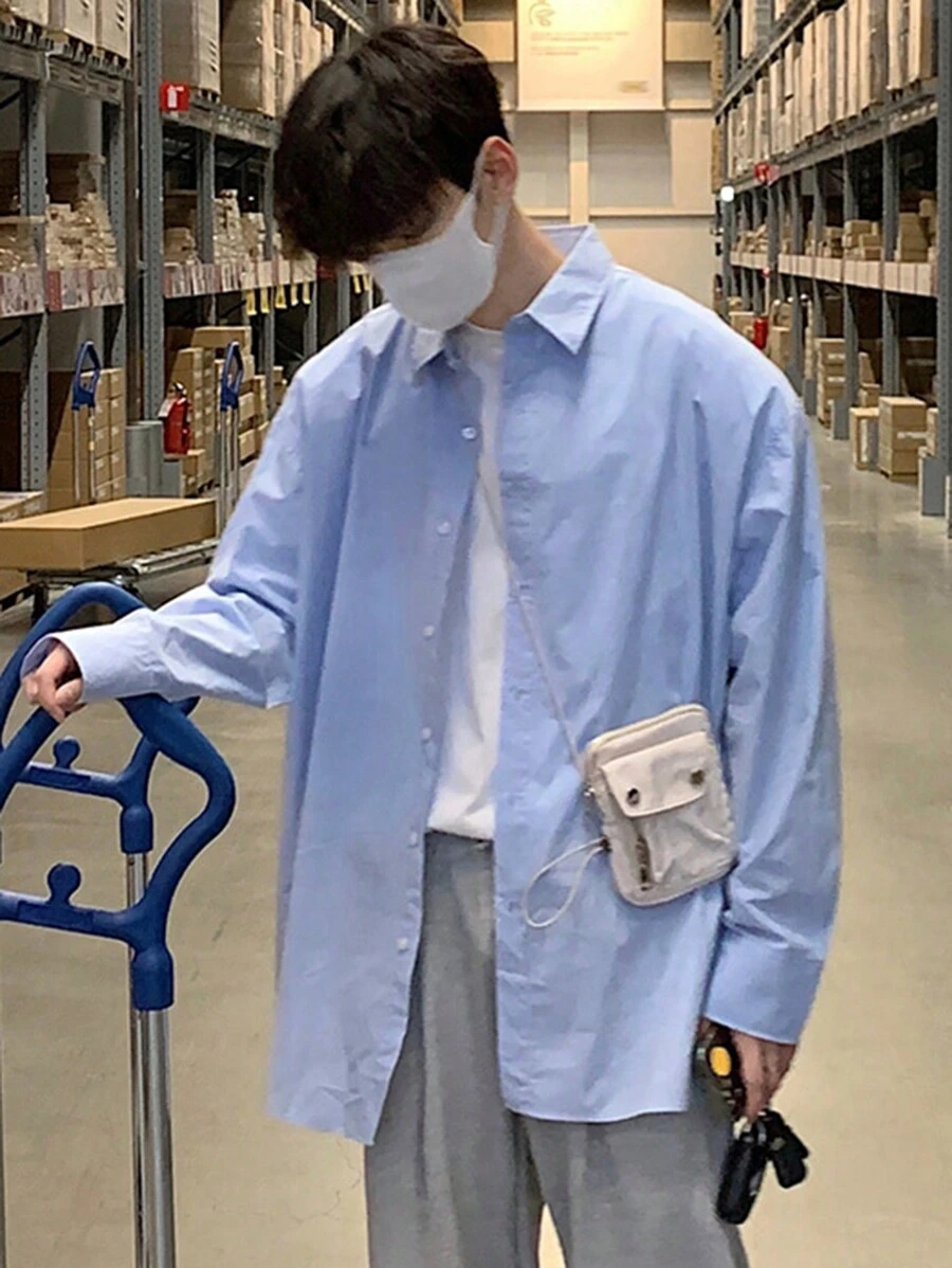 DAZY Nam Màu thuần Thả vai Áo sơ mi - Màu xanh lam - Xem 1