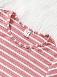 3 件/套 Tween 女孩條紋短袖 T 卹,休閒舒適百搭 - 彩色 - 查看 8