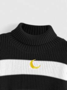 ROMWE Kawaii Knitted Sweater With Moon Embroidery And Color Block Design, Cropped, School,Long Sleeve Tops - Black and White - View 4
