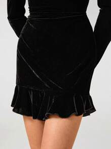 OULALALA 设计师纯色荷叶边下摆天鹅绒优雅连衣裙，适合节日、派对、生日服装、春季、节日、婚礼、舞会礼服 - 黑色 - 查看 4