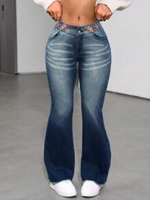 SHEIN ICON High Waist Boot Cut Jeans With Washed Effect - Blue - View 3