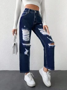 EURMUSE High Waist Ripped Straight Leg Jeans - Blue - View 1
