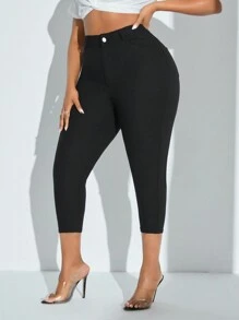 大尺碼女性純色拉鍊緊身褲 - 黑色 - 查看 6