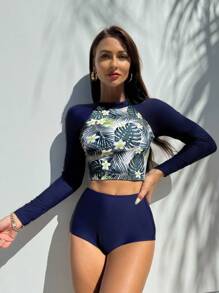 Swim SPRTY Summer Beach Conservative Tropical Printed Long Sleeve High Waist Swimsuit - Multicolor - View 4