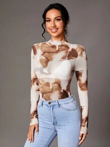 SHEIN Tall 1pc Lettuce Trim Tie Dyed Mesh Bodysuit - Multicolor - View 4