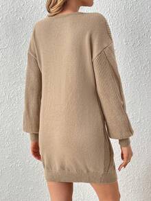 SHEIN Frenchy Drop Shoulder Sweater Dress Without Belt - Camel - View 5