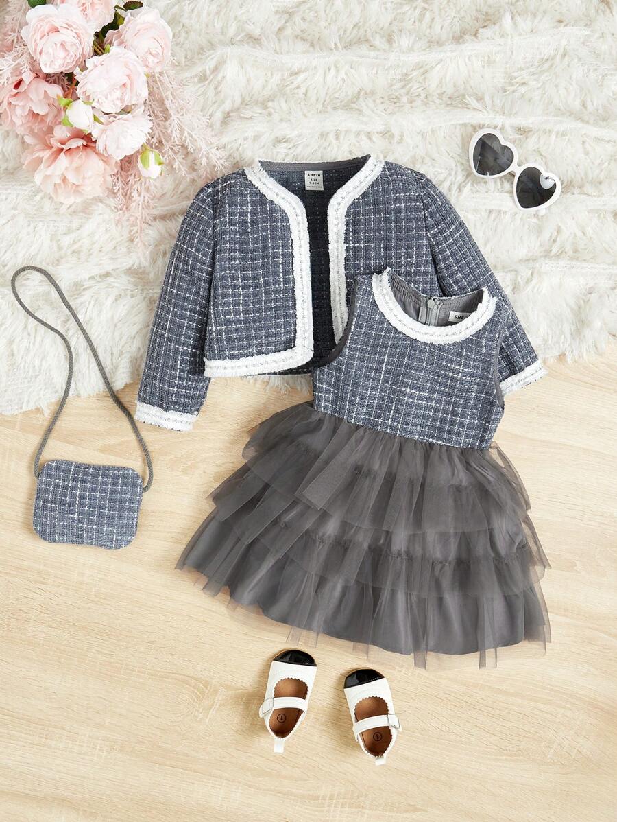 SHEIN Em bé Cô gái Áo khoác áo , Đầm Và Bộ túi - Màu xám đen - Xem 1