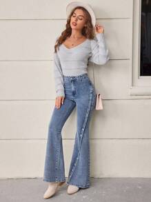 SHEIN LUNE Nút lên Bùng nổ Quần denim - Màu xanh lam - Xem 4