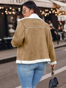 Calvaya Plus Size Women's Color Block Stand Collar Moto Jacket - Khaki - View 2