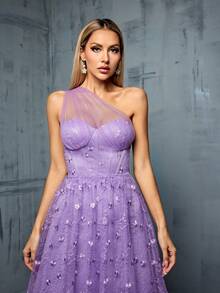 Women's One Shoulder Mesh Ruffle Embroidered Floral A-Line Bridesmaid Maxi Dress - Lilac Purple - View 6