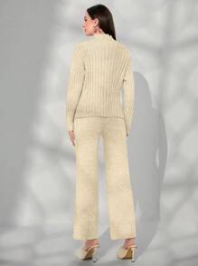Seusyu Solid Color Ribbed Knit Sweater 2pcs/Set 2 Piece Set - Apricot - View 2