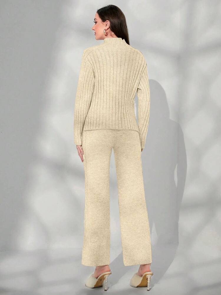 Solid Color Ribbed Knit Sweater 2pcs/Set 2 Piece Set
