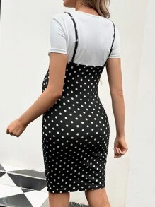 SHEIN Maternity Short-Sleeved T-Shirt And Polka-Dot Cami Dress Two-Piece Set - Black and White - View 2