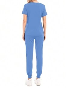 Conjunto De Uniformes De Enfermera Compuesto Por Una Camiseta Sólida Con Cuello En V Y Pantalones De Chándal Con Cintura Ajustable Y Cordón - Azul - Ver 2