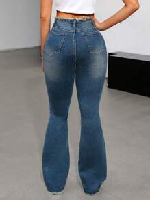 SHEIN ICON Jeans Acampanados Con Borde Fruncido Y Lavado - Azul - Ver 2