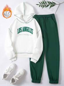 EMERY ROSE Letter Print Top Stitch Drop Shoulder Hoodie Pullover Fall Sweatshirt - White - View 3