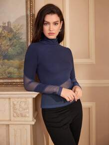 Chiquease Women T-Shirts Kontras Mesh Sheer Plain Casual - Navy Blue - View 8