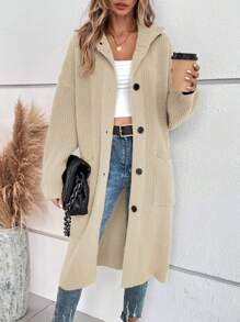 SHEIN Essnce Nút Lên Áo len Mở Áo len Với Túi kép - Màu Khaki - Xem 4
