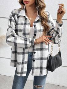 Chiquease 女款格紋羊毛大衣,配襯翻領 - 黑與白 - 查看 5