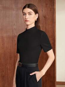 BizChic Women's Solid Color Stand Collar Mid-Sleeve T-Shirt, Business Casual Outfit, Suitable For Teachers, Office, School, Outings, Basic Top, Vintage Style