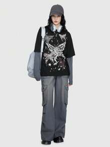 ROMWE Grunge Punk Women's Vacation Style Butterfly Print Contrast Color 2 In 1 Spliced T-Shirt - Black - View 2