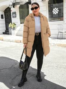 EURMUSE Women's Plus Size Hooded Puffer Coat, For Winter - Khaki - View 3