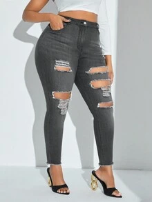 Kích thước lớn Thon gọn Quần jean Distressed - Xám - Xem 5