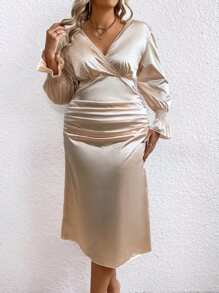 Celure Ladies' Plus Size V-neck Ruched Waist Pleated Dress