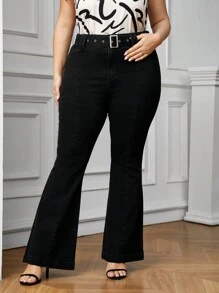 SHEIN EZwear Plus Size Women's Denim Flared Pants With Belt - Black - View 1