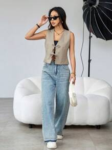 SHEIN Essnce Không tay Dây rút Áo khoác - Màu Khaki - Xem 6