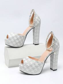 女士时尚高跟凉鞋，仿珍珠链条，大码圆头性感夜店派对鞋，露趾厚底高跟鞋，适合春、夏、秋季穿着 - 白色 - 查看 4