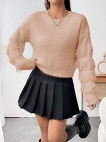 SHEIN Unity Women's Casual Solid Color Fringed Open-Front Sweater With Drop Shoulder Design Knit Pullover Fall Winter Sweater - Pink - View 6