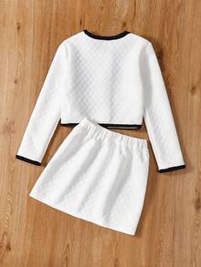 SHEIN Girls' Woven Colorblock Collarless Short Jacket And Woven A-line Skirt Two Piece Set - White - View 2