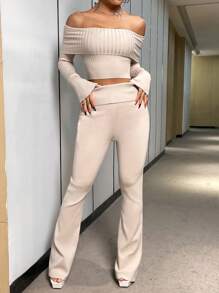 SHEIN Unity Off-shoulder Cropped Sweater And Wide-leg Knitted Pants Set - Apricot - View 1