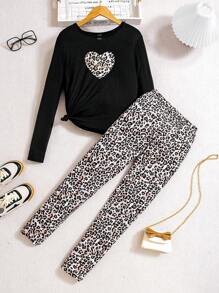 Sparklyn 2pcs Teenage Girls' Leopard Print Heart Long Sleeve T-shirt And Leggings Set - Black - View 1
