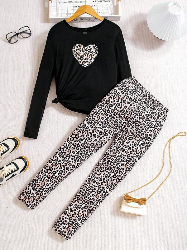 Sparklyn 2pcs Teenage Girls' Leopard Print Heart Long Sleeve T-shirt And Leggings Set