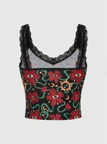 Umamao Estudio Flower & Eye Pattern Printed Lace Splicing Cami Top - Multicolor - View 2