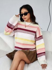 GENKIRA Suéter de punto con hombros caídos y rayas para otoño e invierno - Multicolor - Ver 1