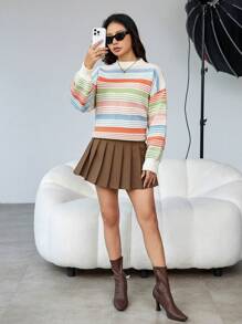 GENKIRA Drop Shoulder Striped Knit Pullover Fall Winter Sweater - Multicolor - View 6