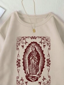 SHEIN EZwear Women's Floral And Figure Print Thermal Lined Sweatshirt - Apricot - View 3