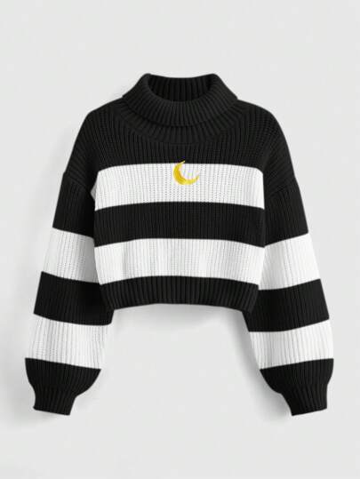 Kawaii Knitted Sweater With Moon Embroidery And Color Block Design, Cropped, School,Long Sleeve Tops