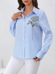 SHEIN Clasi 女士條紋襯衫,印有玫瑰圖案,長袖款式 - 藍色 - 查看 6