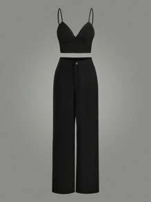 SHEIN Privé 2pcs/set Crop Top & Straight Leg Pants Outfit - Black - View 3