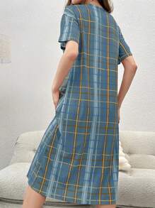 Plaid Printed Short Sleeve Sleep Dress Pajama Dress