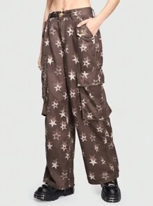 ROMWE Grunge Punk Star Printed Cargo Pants With Large Pockets - Brown - View 4