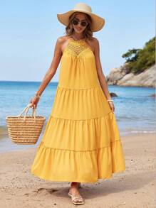 SHEIN VCAY Vestido Con Dobladillo Con Volantes Y Cuello Halter Con Empalme De Encaje Para Mujer - Amarillo - Ver 6