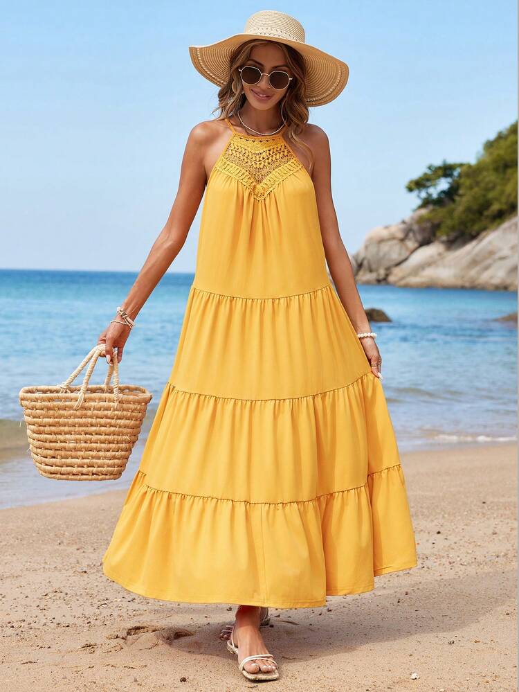 Women'S Lace Splice Halterneck Ruffle Hem Dress