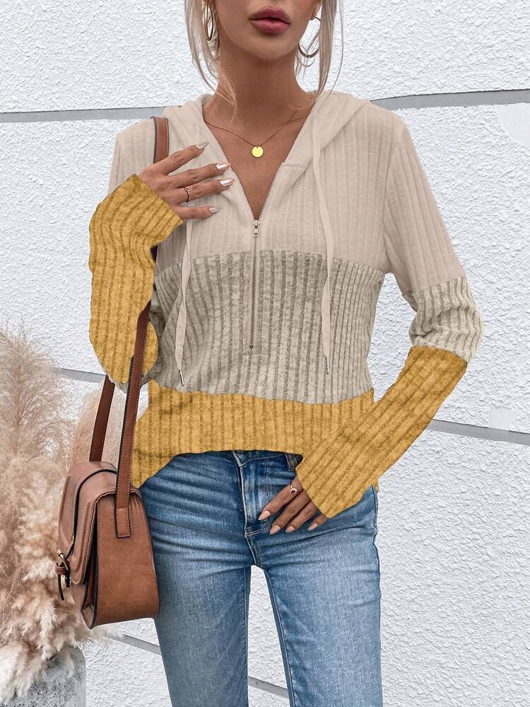 SHEIN LUNE Women's Color Block Drawstring Hooded T-Shirt - Multicolor - View 4