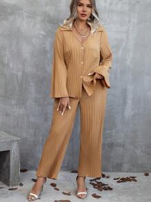 Calvaya 大尺碼純色喇叭袖衫和褲子套裝 - 杏色 - 查看 6